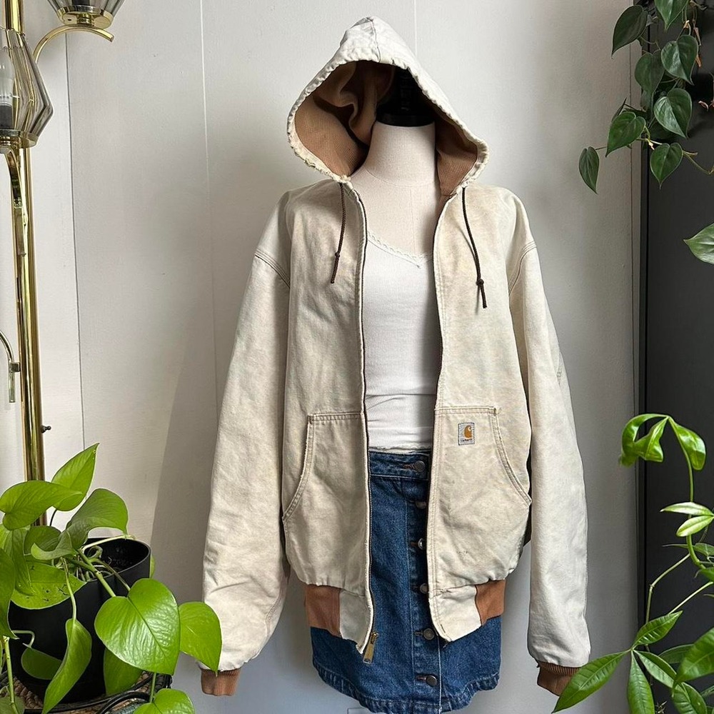 Vintage Carhartt Hooded Work Jacket Cream Distressed Canvas AJR116 XLT